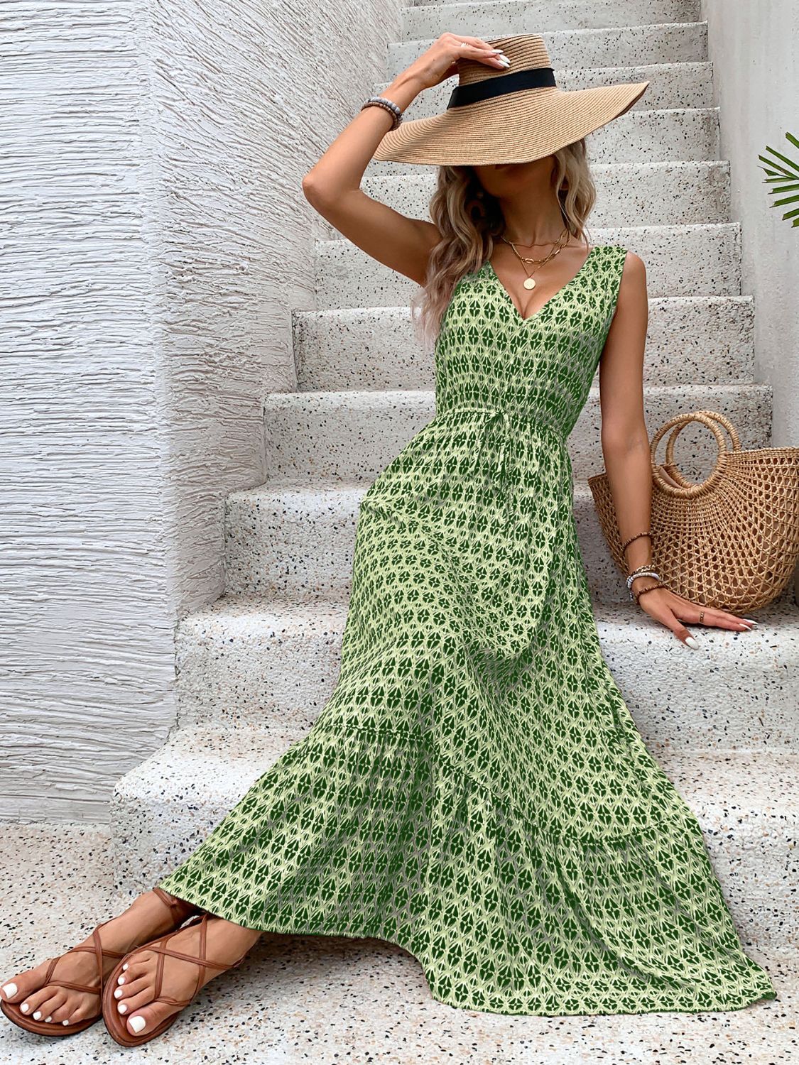 Vintage Printed V-Neck Midi Dress with Tie Waist