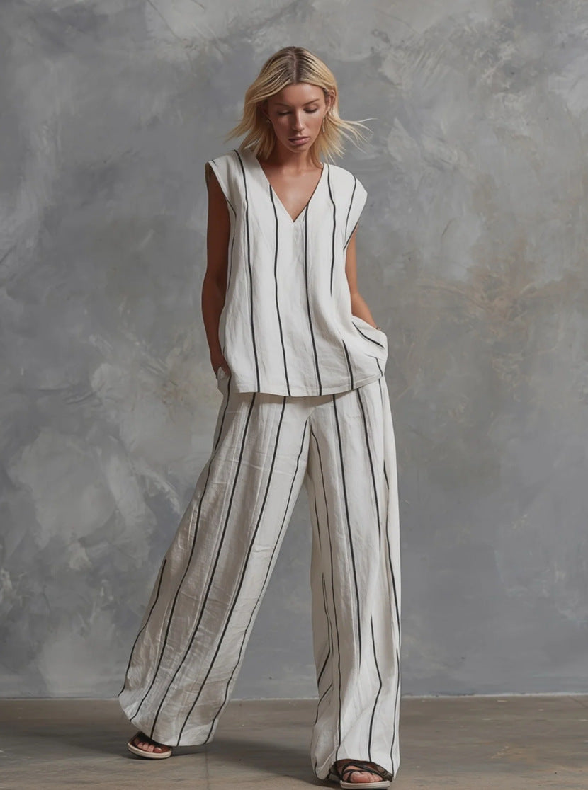 Women's V-Neck Sleeveless Striped Top and Wide Leg Pants Set - Image 10