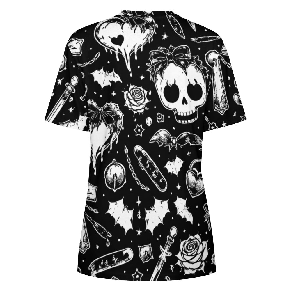 Women's Black & White Skulls Goth Pattern 100% Cotton T-Shirt - Image 5