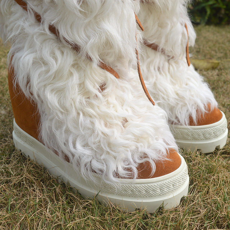 Women's Pure Wool Thick Snow Boots - White & Brown Winter Warm