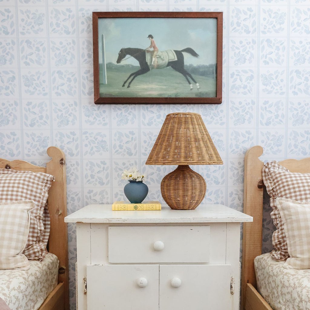 Francine floral wallpaper in light-blue and white with cottagecore aesthetic