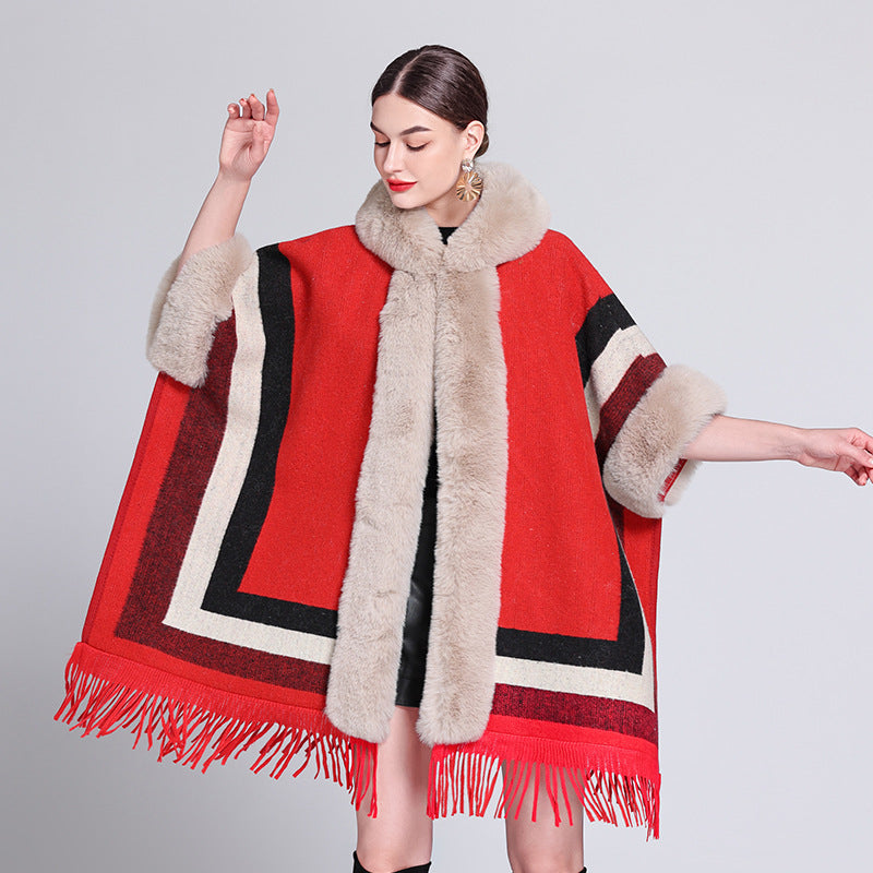 Women's Knitted Hooded Poncho with Fur Trim & Tassels for Winter