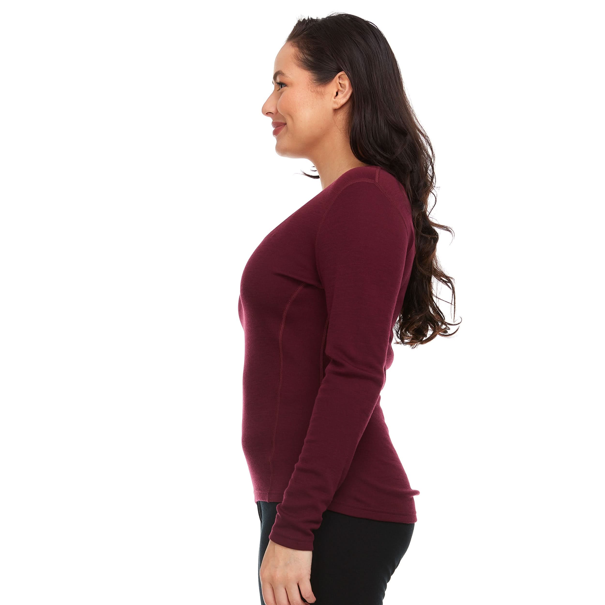 Women's Midweight Merino Wool V-Neck Sweater in Burgundy and Black