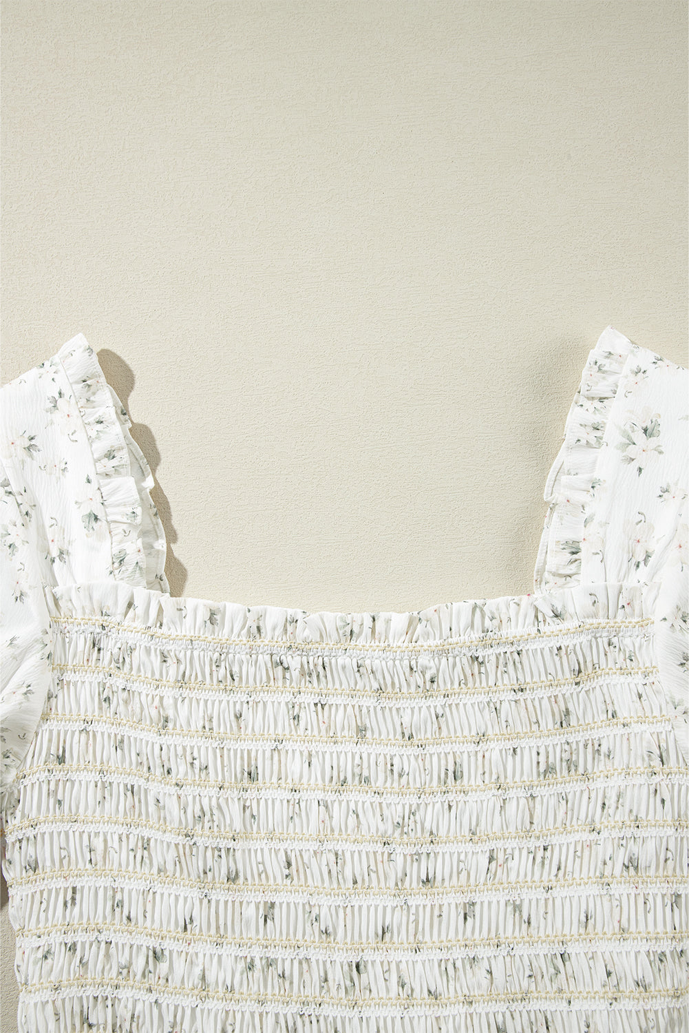 White Boho Floral Smocked Wide Leg Jumpsuit Puff Sleeve