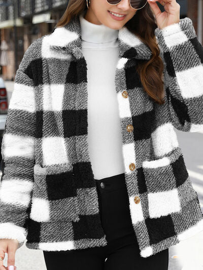 Women's Red Drop Shoulder Fuzzy Button-Up Jacket