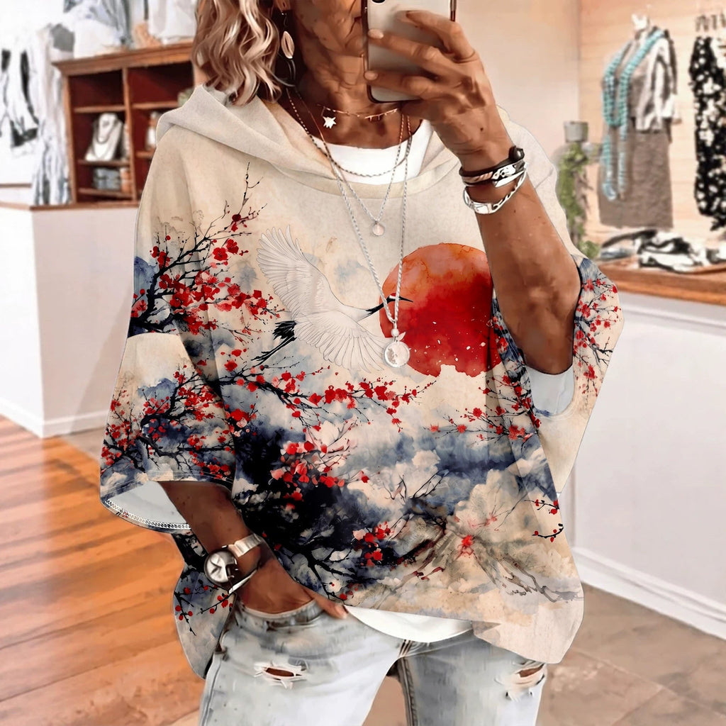 Women's Graphic Print Drawstring Hoodie – Three-Quarter Sleeves