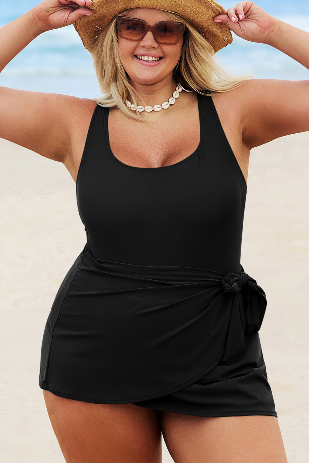 Black Square Neck Knotted One-Piece Swimsuit