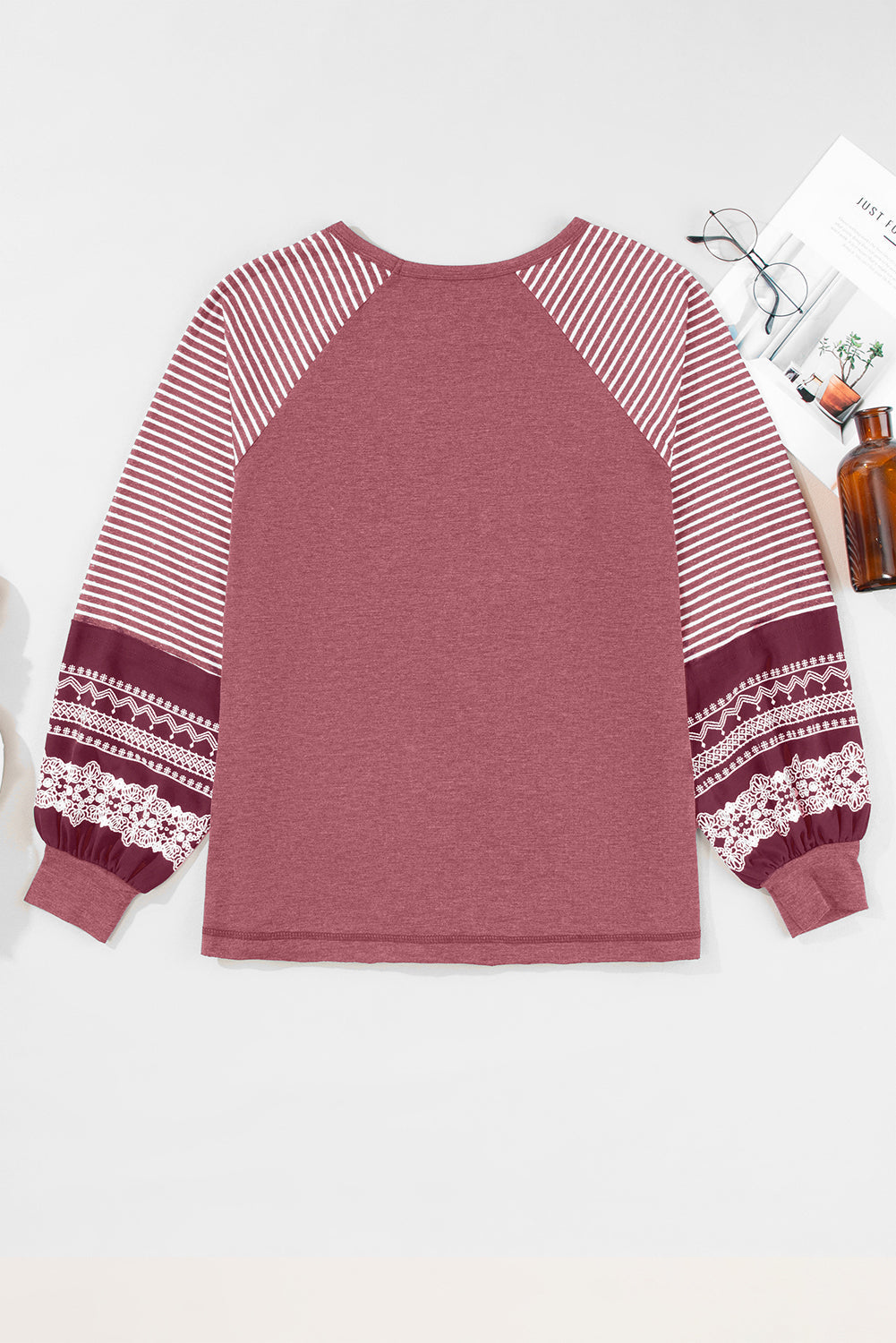 Women Burgundy Striped Raglan Long Sleeve Loose Fit Casual Top