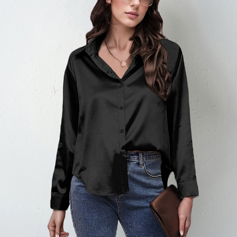 Women’s Satin Lapel Button-Down Blouse Long Sleeve Shirt