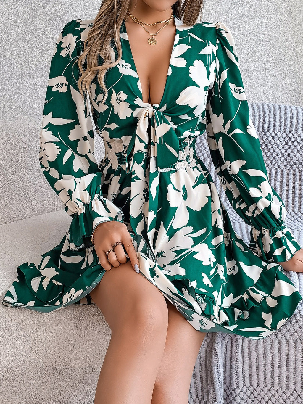 Floral Ruffled Long Sleeve Midi Dress in Lilac Maroon Green Cream