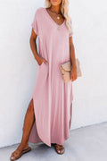 Pink V Neck Maxi T-Shirt Dress with Hidden Pockets