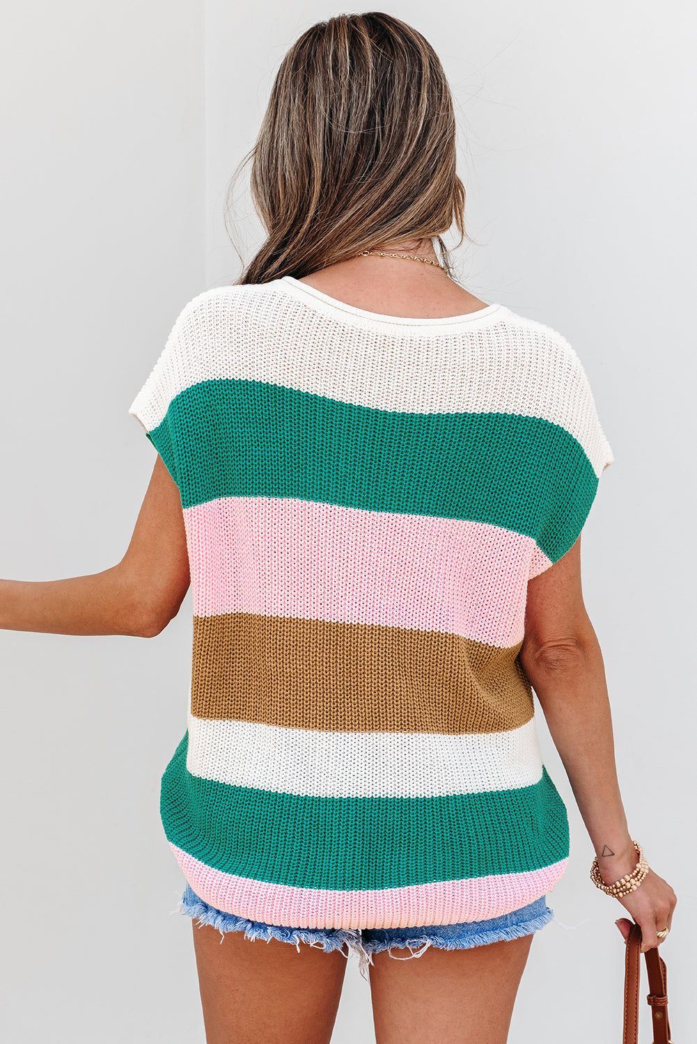 Stripe Colorblock V-Neck Sweater T-Shirt