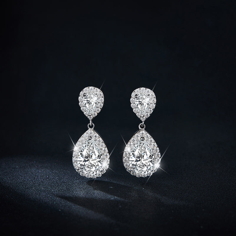 Pear Cut Moissanite Halo Drop Earrings with Hollowed Detail
