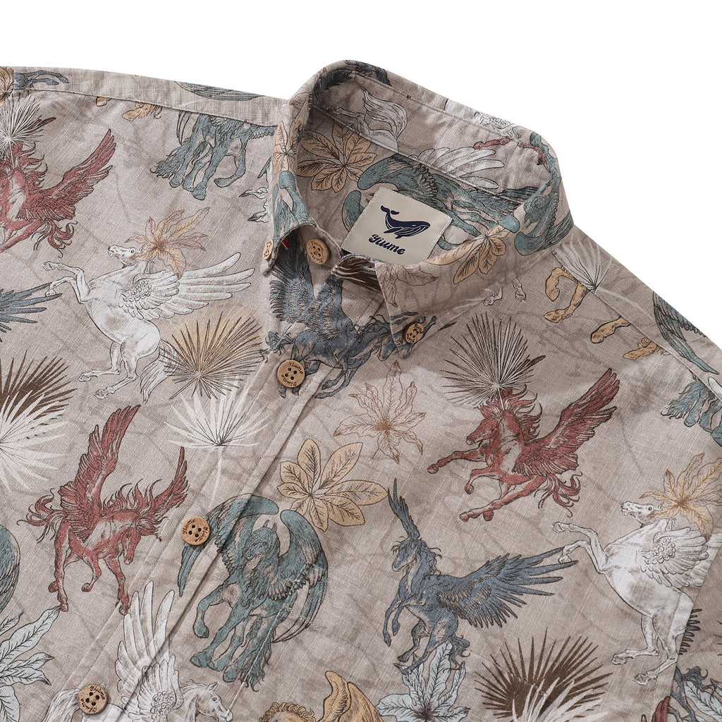 Pegasus Print Long Sleeve Cotton Button-Down Aloha Shirt