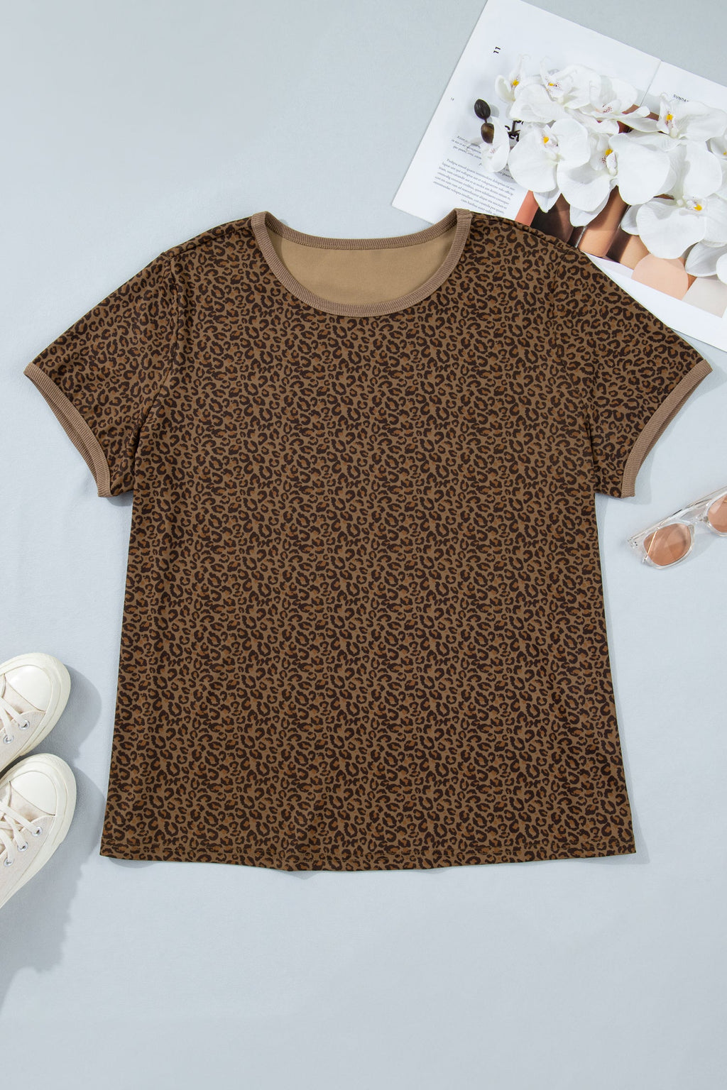 Leopard Print Short Sleeve Tee with Ribbed Trim in Brown Black
