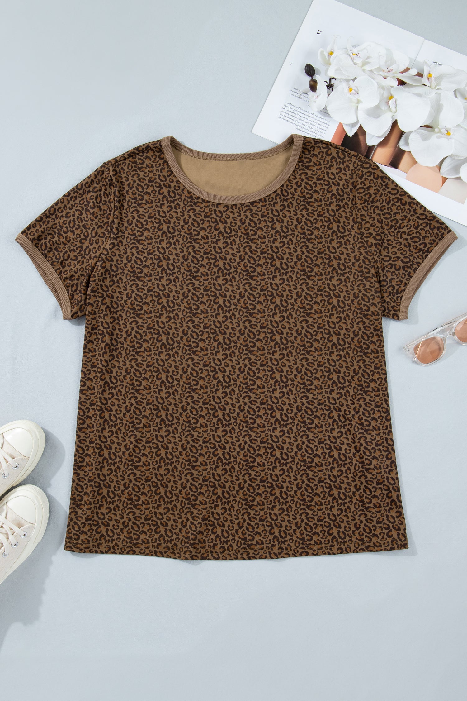 Leopard Print Short Sleeve Tee with Ribbed Trim in Brown Black