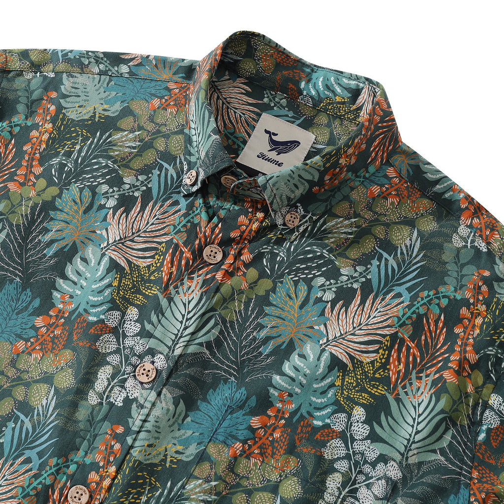 Emerald Tropical Leaf Print Long Sleeve Cotton Hawaiian Shirt