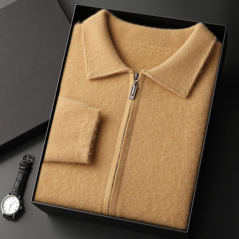 Men's Zip-Front Knit Cardigan Sweater Coat in Neutral Tones