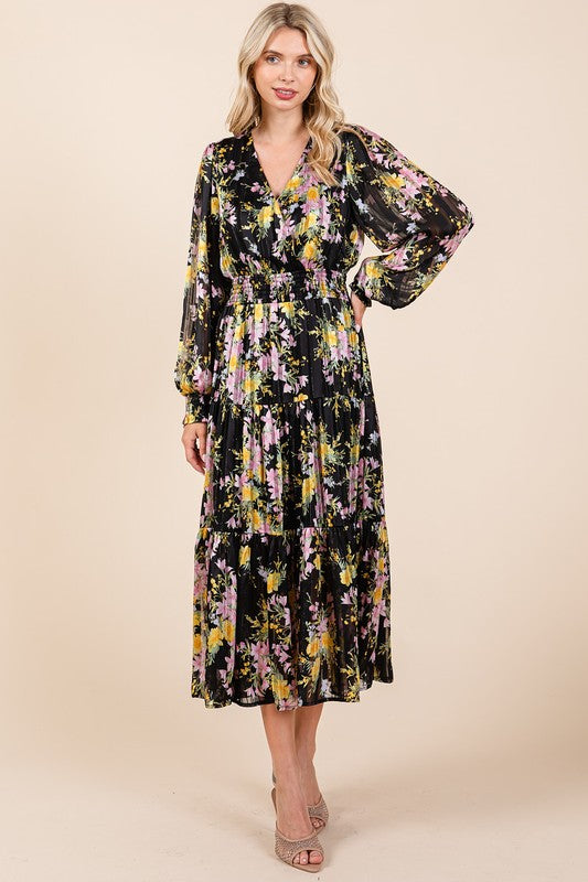 Floral Print Satin Lurex Stripe Smocked Midi Dress