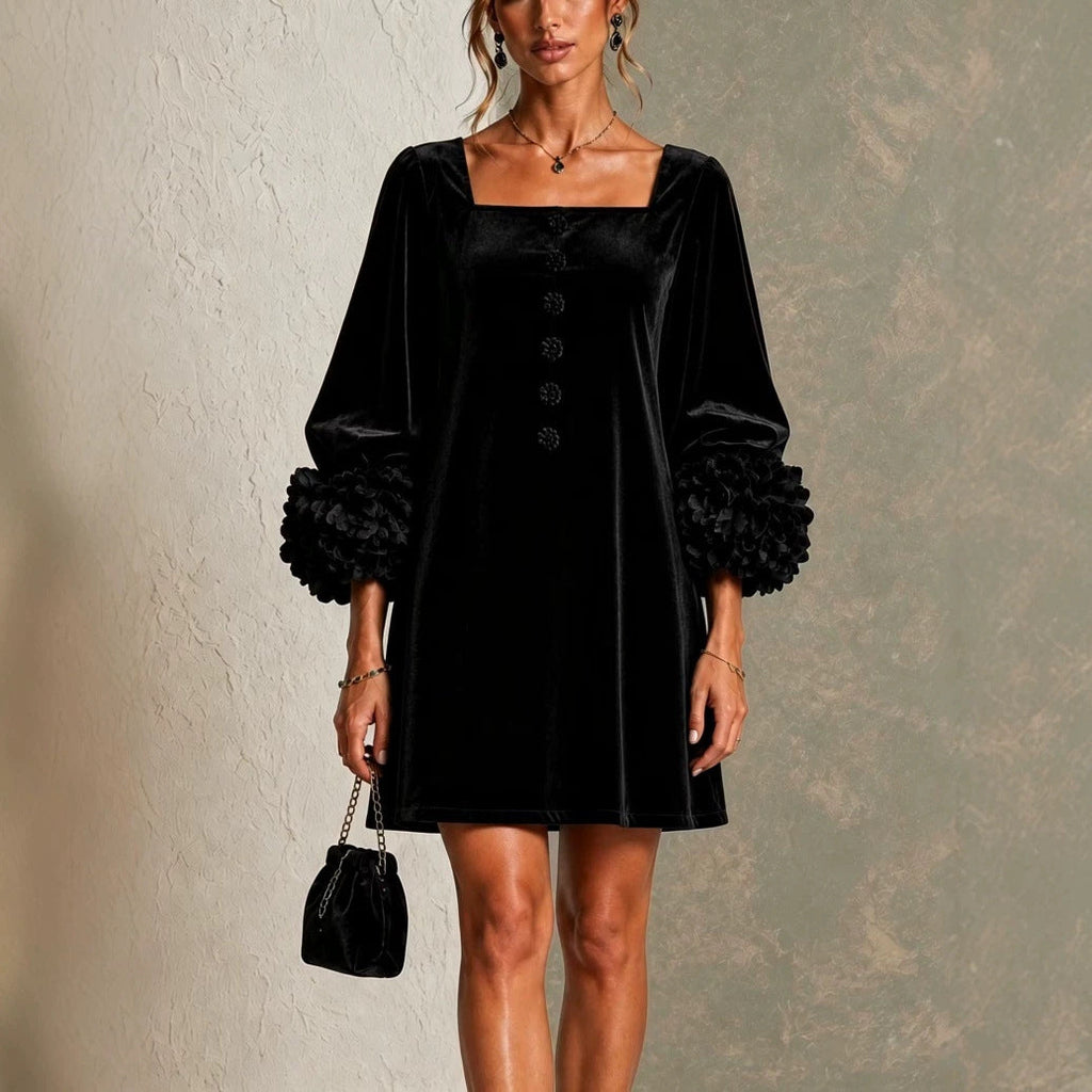 Velvet Mini Dress | Square Neck | 3D Floral Cuff Balloon Sleeve