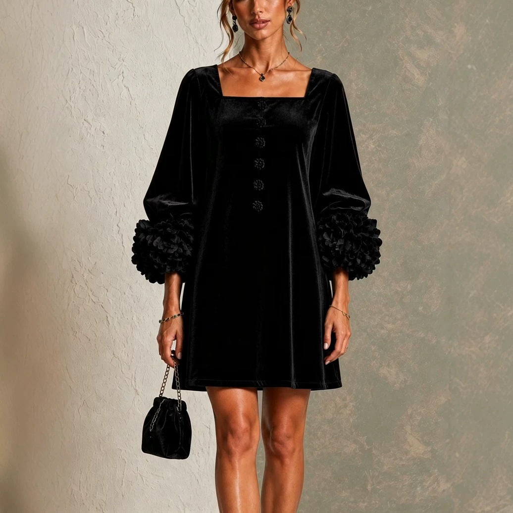 Velvet Mini Dress | Square Neck | 3D Floral Cuff Balloon Sleeve