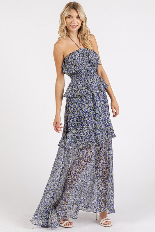Ruffled Smocked Floral Halter Neck Maxi Dress For Summer – Feminine and Elegant Floral Maxi Dress with Smocked Waist