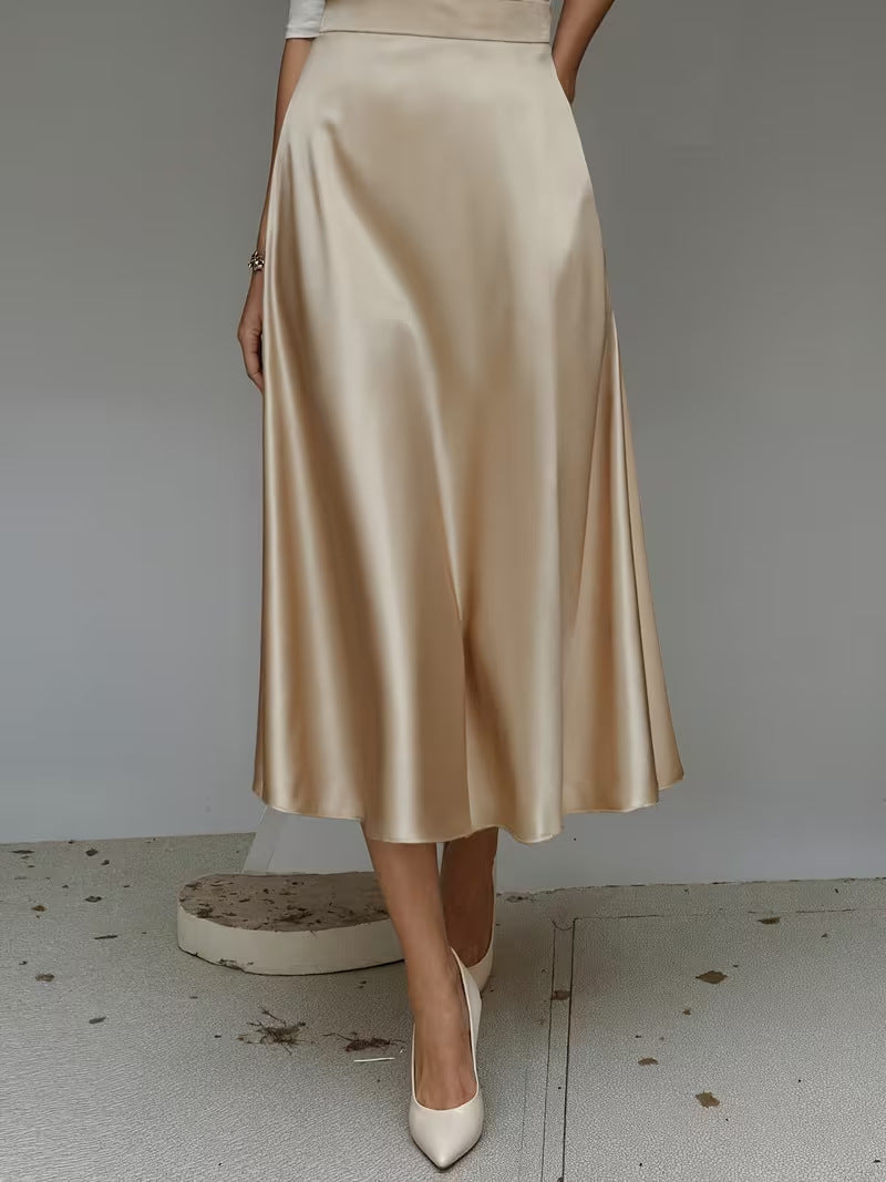 Women's Satin Mid-Length A-Line Skirt – High Rise Pull-On Style