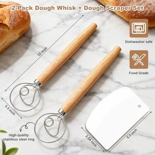2‑Pack 13‑Inch Danish Dough Whisk, Sourdough Baking Starter Kit
