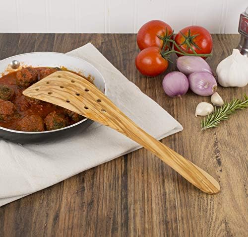 Eddington Italian Olive Wood Wide Pierced Spatula, Handcrafted in Europe