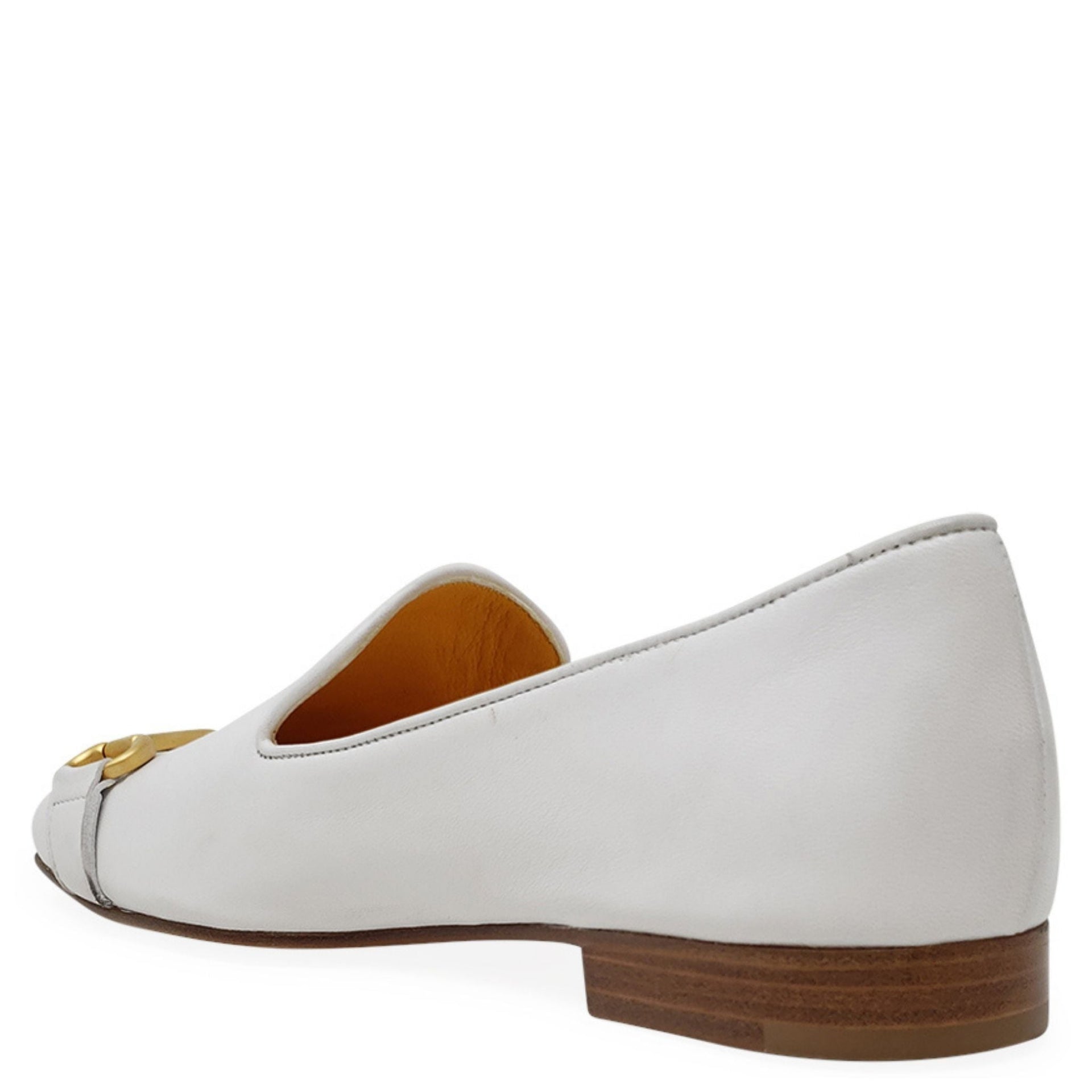 White Leather Square Toe Loafer with Gold Tone Horsebit Detail