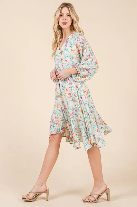 Lime 'N' Chili Floral Cinched Waist Balloon Sleeve V-Neck Dress