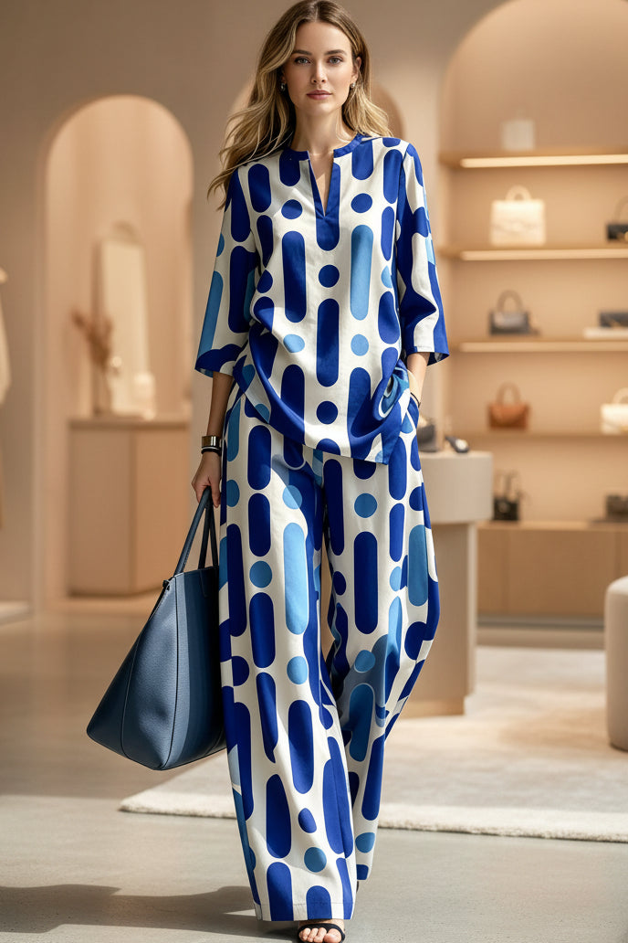 Printed Wide-Leg Trouser Set | V-Neck Top & Pants Two-Piece