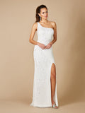 Front and back view of a white one-shoulder floral beaded sheath wedding gown with a side slit
