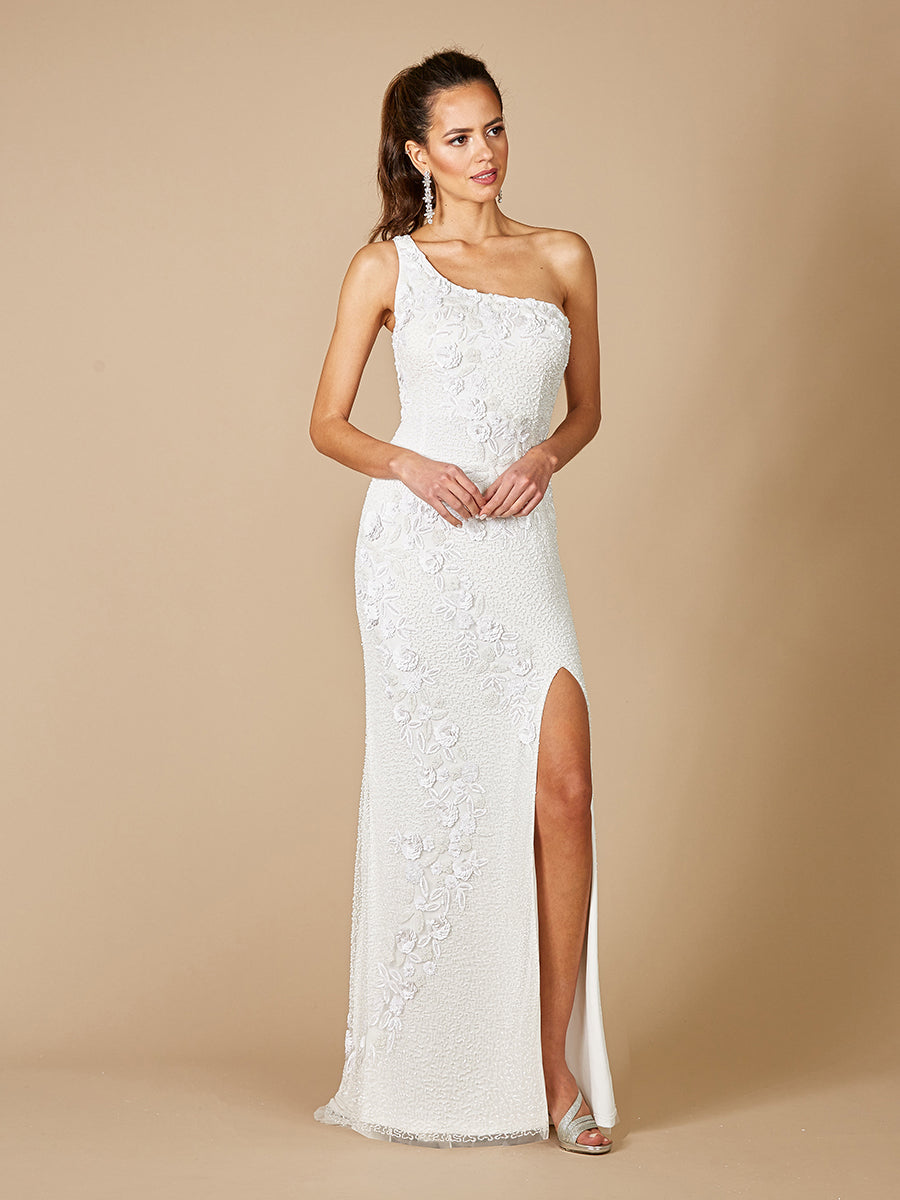 Front and back view of a white one-shoulder floral beaded sheath wedding gown with a side slit