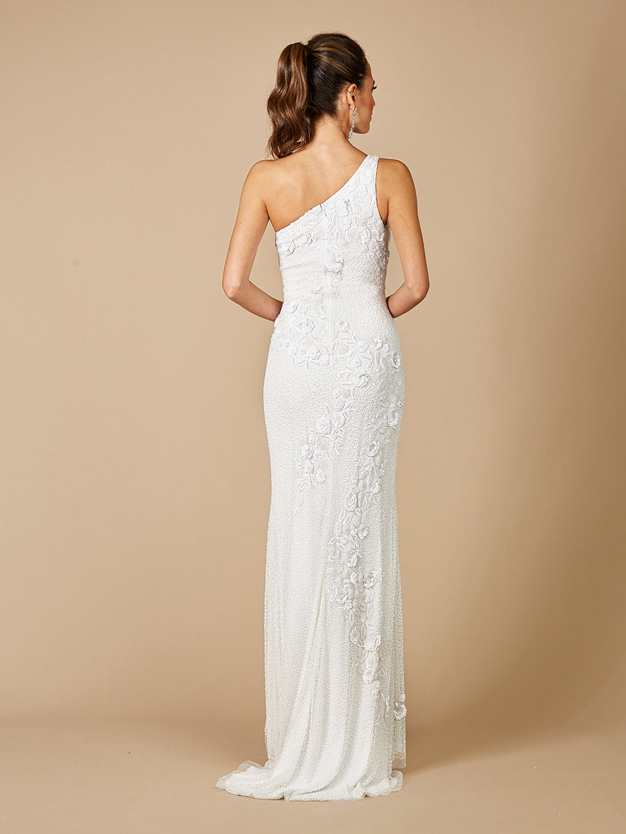 White One Shoulder Beaded Floral Sheath Wedding Gown - Image 2
