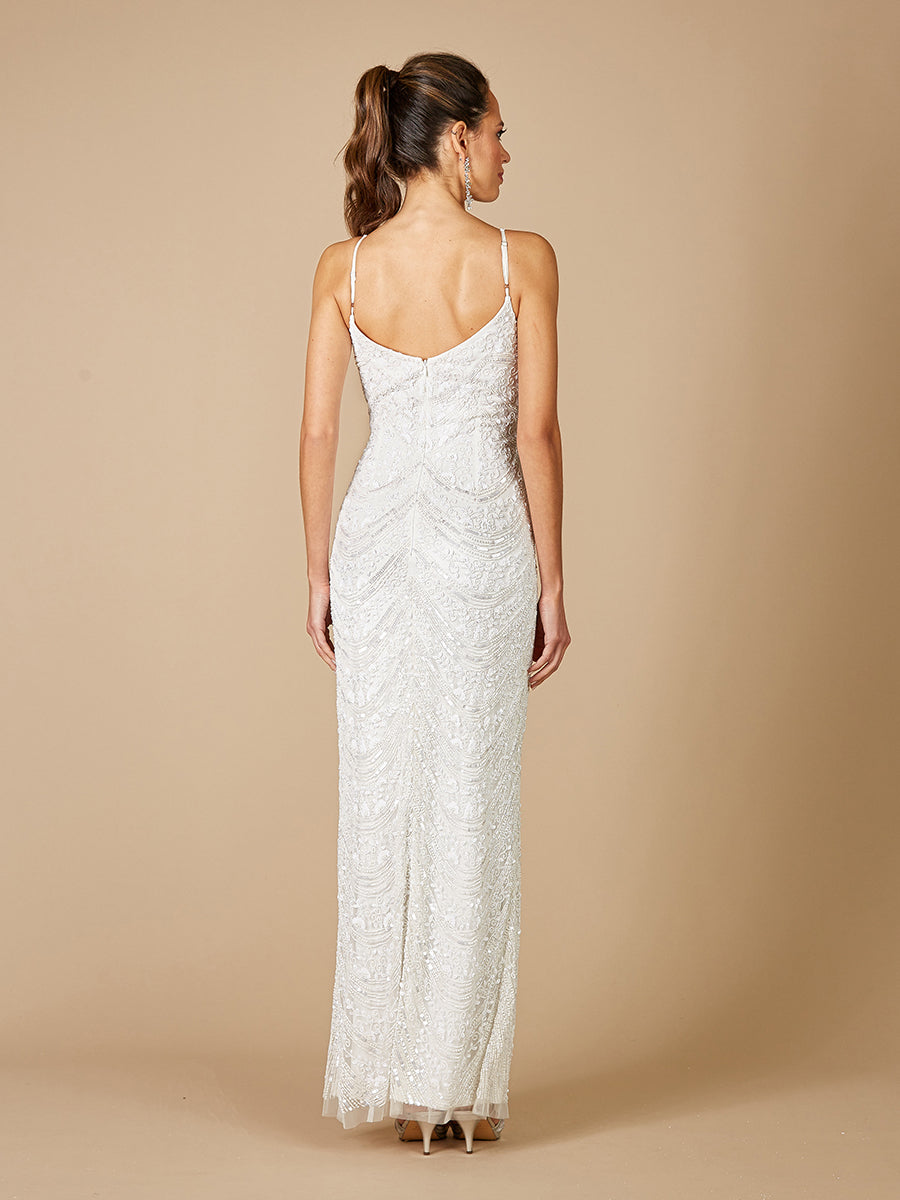 White Spaghetti Strap Beaded Sheath Gown with Side Slit