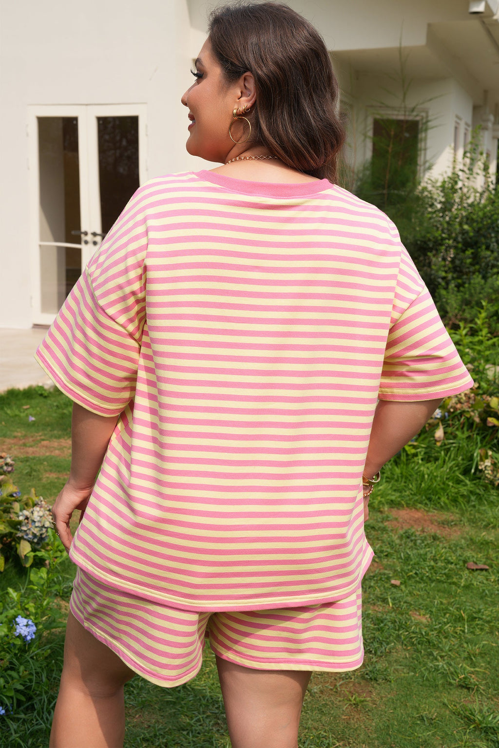 Plus Size Stripe Boxy Tee & Drawstring Short Set