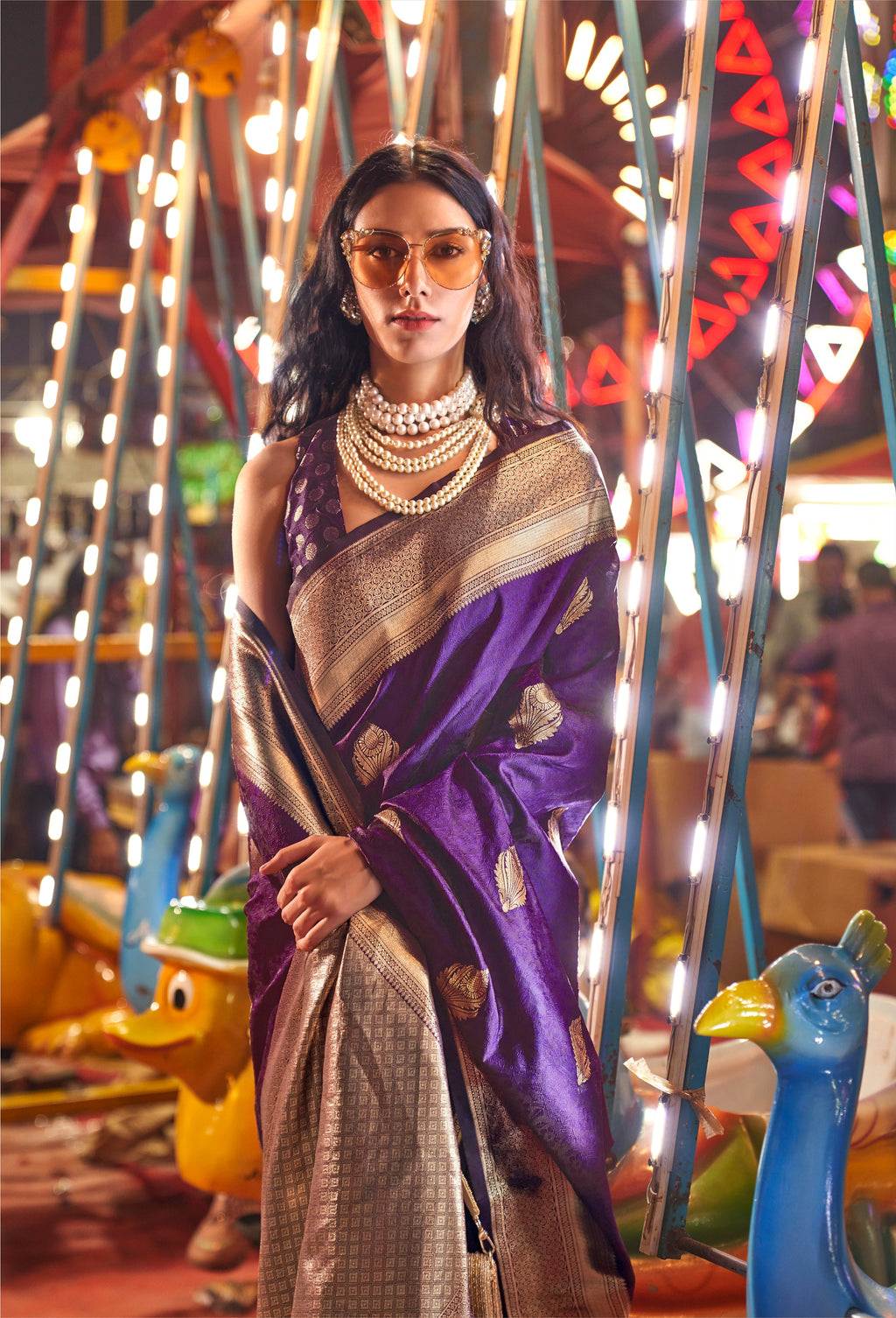 Dark Violet Handloom Silk Blend Zari Woven Saree with Blouse