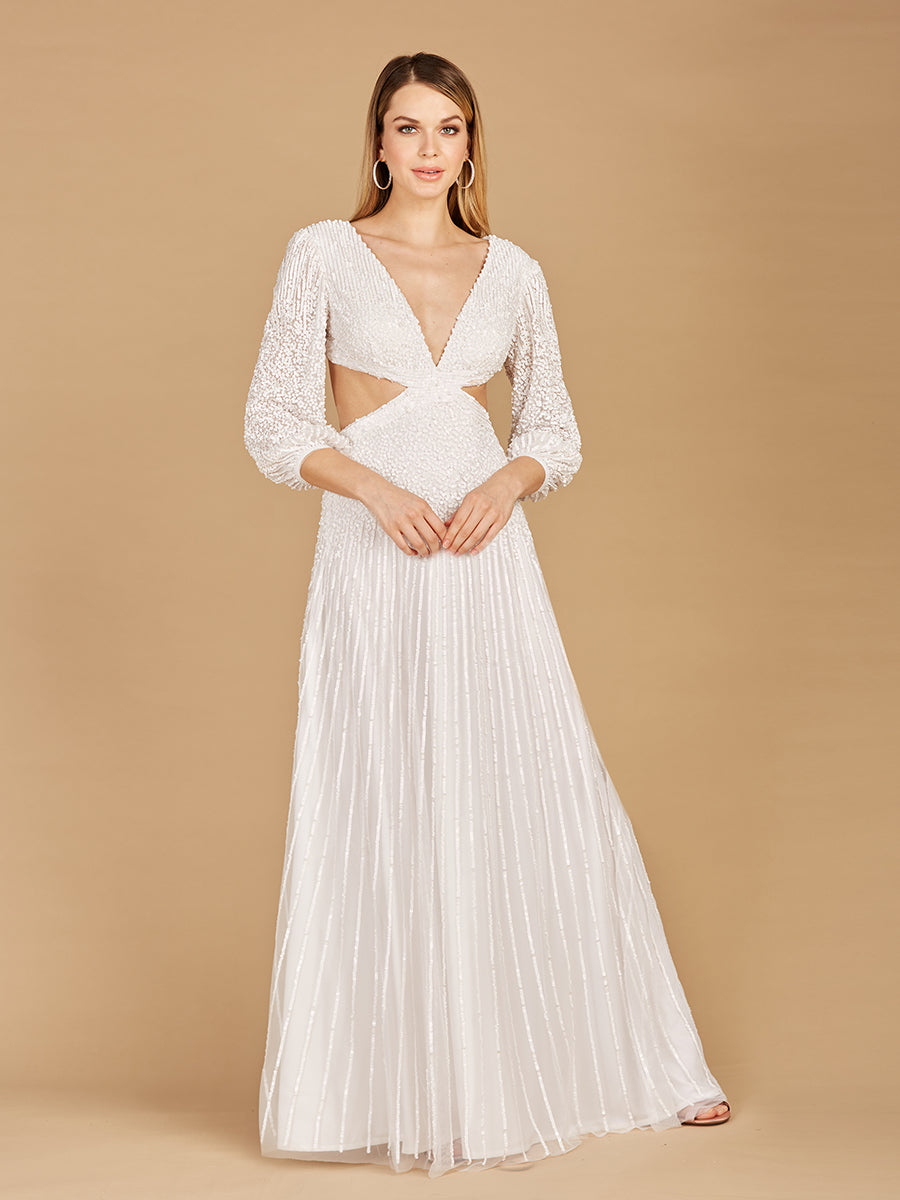 White Long Sleeve Beaded Cut Out A-Line Wedding Dress Gown
