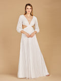 White Long Sleeve Beaded Cut Out A-Line Wedding Dress Gown