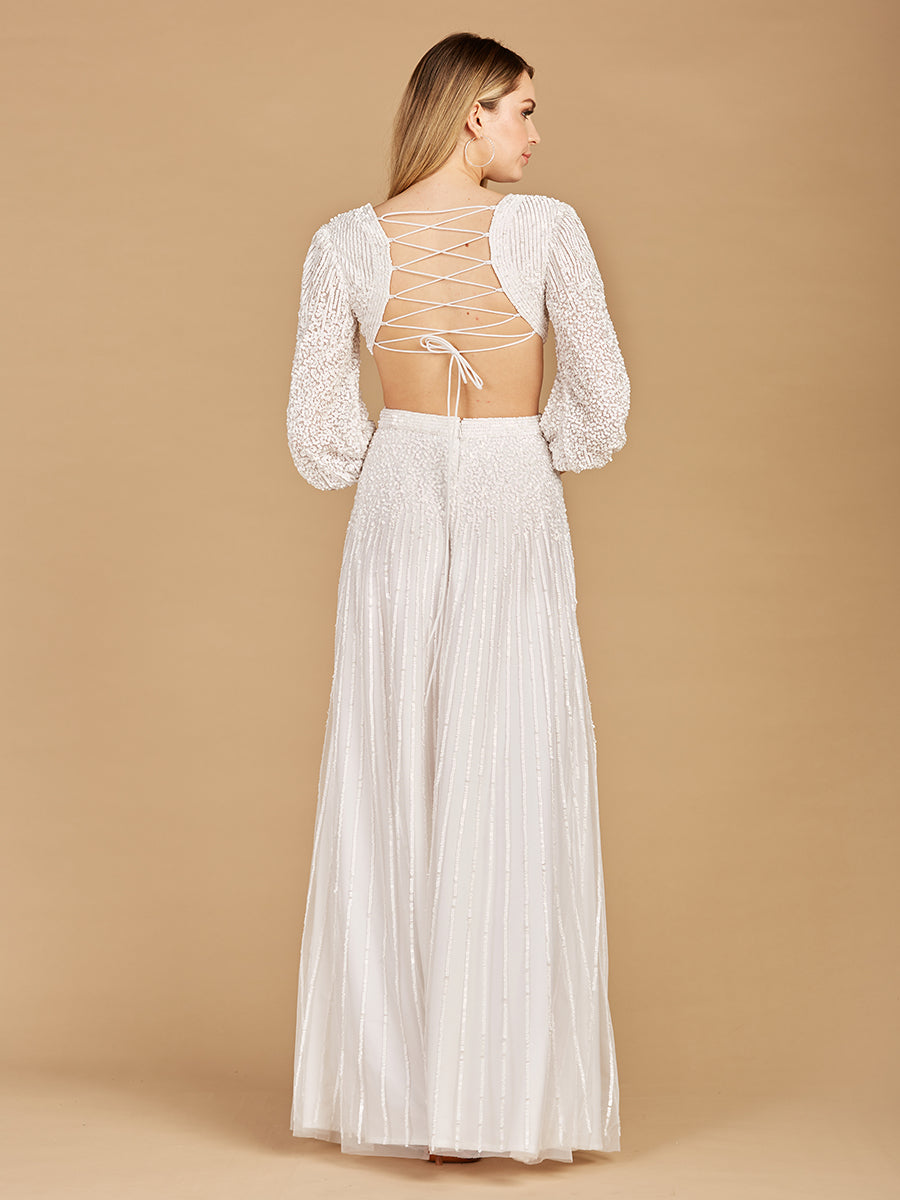 White Long Sleeve Beaded Cut Out A-Line Wedding Dress Gown