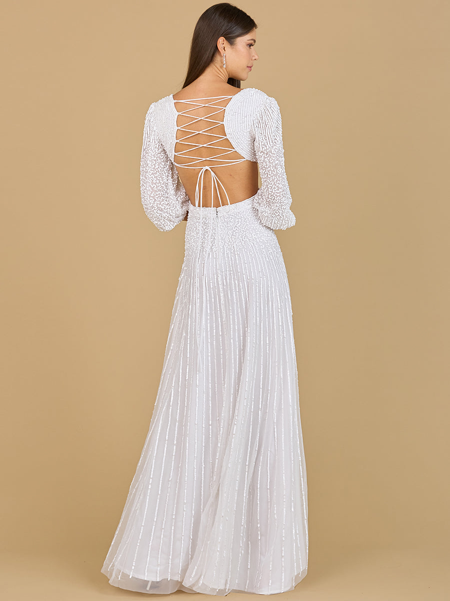White Long Sleeve Beaded Cut Out A-Line Wedding Dress Gown