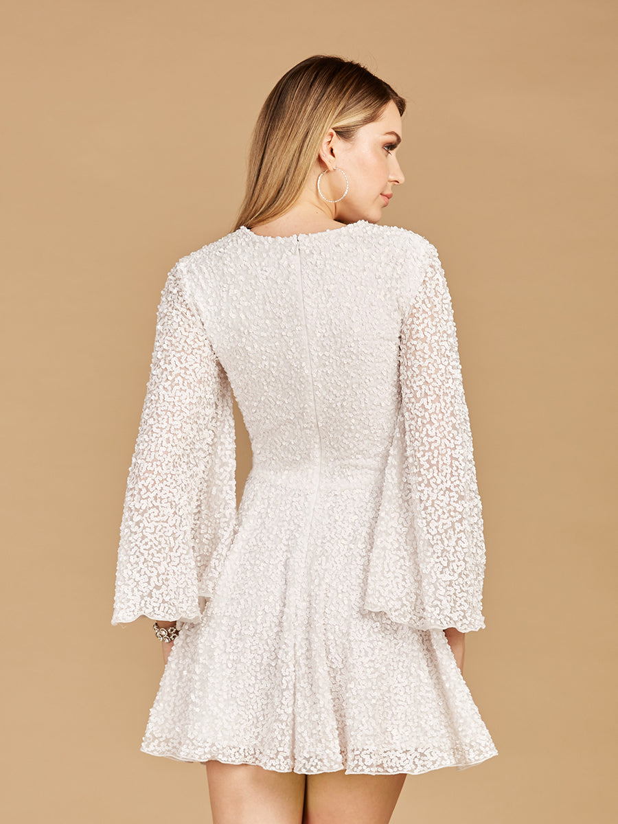 White Sequin Bell Sleeve Mini Cocktail Dress - Image 2