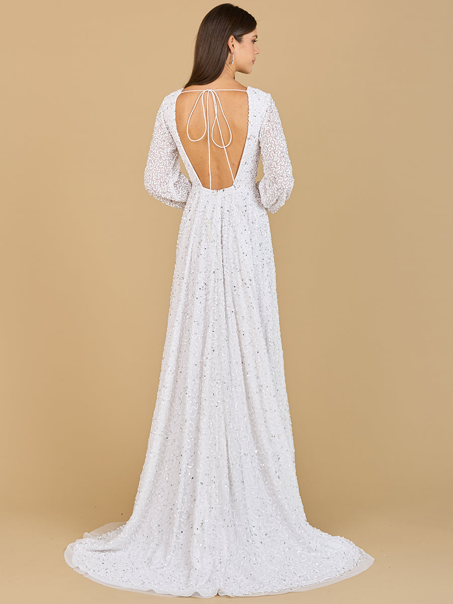 White Long Sleeve Beaded A-Line Bridal Gown with Low Back Detail