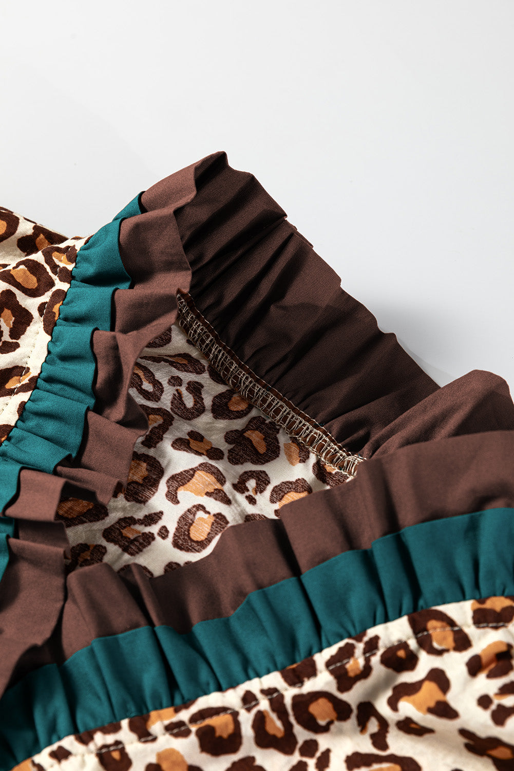 Brown Leopard Print V Neck Button Down Shirt with Frilled Trim