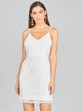 A model wearing a white spaghetti strap v-neck fitted cocktail dress with intricate beadwork and hanging fringe detailing, front and back view.