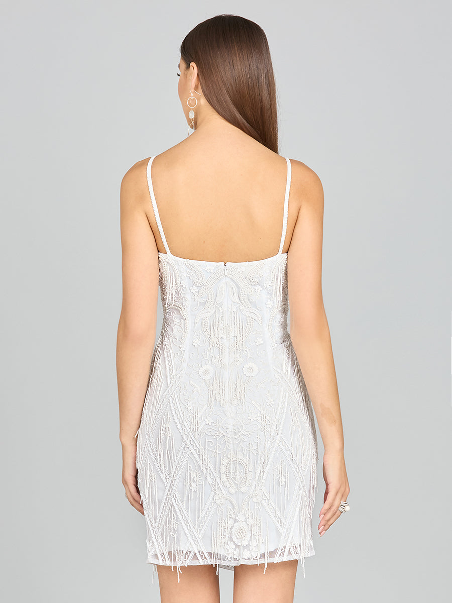 White Spaghetti Strap Beaded Fringe Fitted Cocktail Mini Dress - Image 2