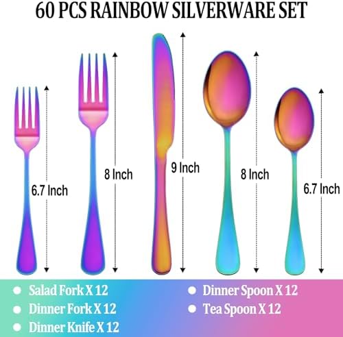 60 Pcs Rainbow Silverware Set Service