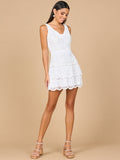 White Tiered Beaded V-Neck Mini Dress - Glamorous A-Line Party Dress