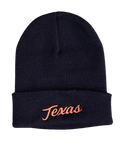 Black beanie with 'Texas' embroidered in orange on a white background
